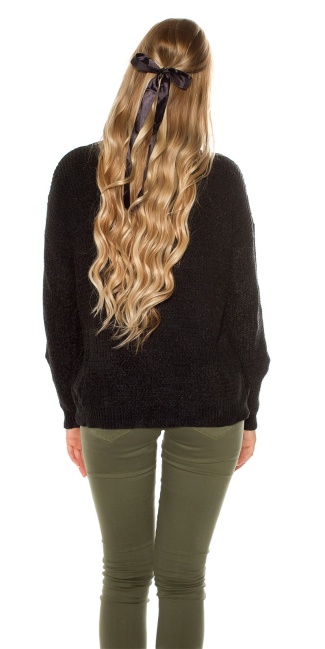 Trendy knit sweater with floral embroidery Black